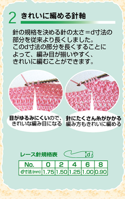 きれいに編める針軸　針の規格を決める針の太さ＝d寸法の部分を従来より長くしました。このd寸法の部分を長くすることによって、編み目が揃いやすく、きれいに編むことができます。
