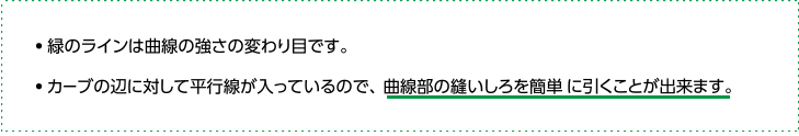 緑のラインは曲線の強さの変わり目です。カーブの辺に対して平行線が入っているので、曲線部の縫いしろを簡単に引くことが出来ます