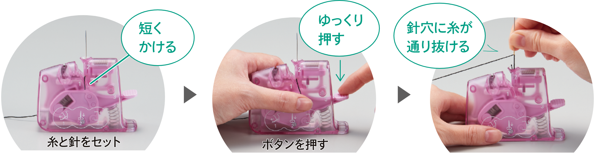 短くかける　ゆっくり押す　針穴に糸が通り抜ける