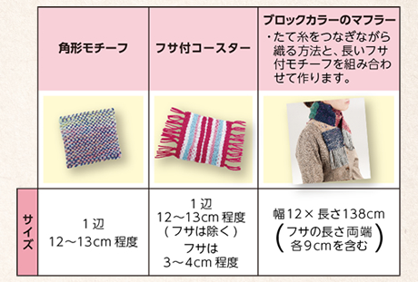1台で織る時の作品例　角形モチーフ：サイズ 1辺12〜13cm程度　フサ付きコースター：サイズ 1辺12〜13cm程度（フサは除く）フサは3〜4cm程度　ブロックカラーのマフラー（たて糸をつなぎながら織る方法と、長いフサ付モチーフを組み合わせて作ります。）：サイズ 幅12×長さ138cm（フサの長さ両端各9cmを含む）