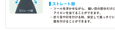 ストレート部　●ソールを浮かせながら、 縫い目の部分だけにアイロンを当てることができます。●折り目や印を付ける時、安定して真っすぐに●筋を付けることができます。