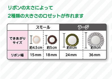 リボンの太さによって2種類の大きさのロゼットが作れます