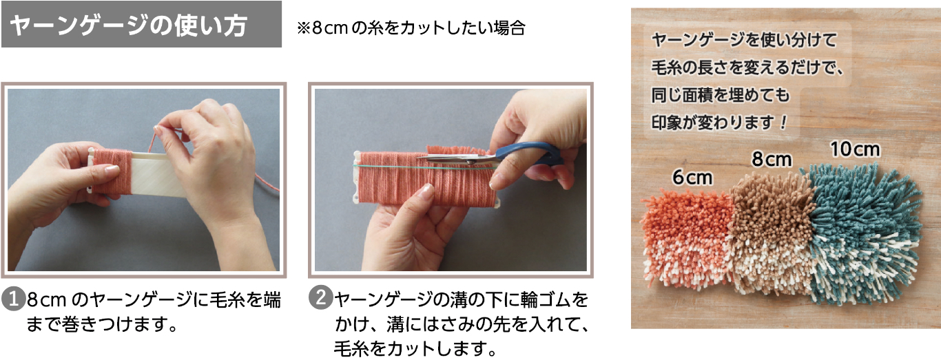 ヤーンゲージの使い方。①8cmのヤーンゲージに毛糸を端まで巻きつけます。②ヤーンゲージの溝の下に輪ゴムをかけ、溝にはさみの先を入れて、毛糸をカットします。