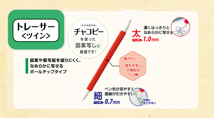 トレーサー ＜ツイン＞図案や複写紙を破りにくく、なめらかに写せるボールチップタイプ 転がりにくく持ちやすい 六角軸 チャコピーを使った図案写しに最適です！